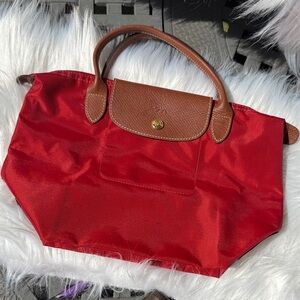 Longchamp Red Tote with Brown Handles